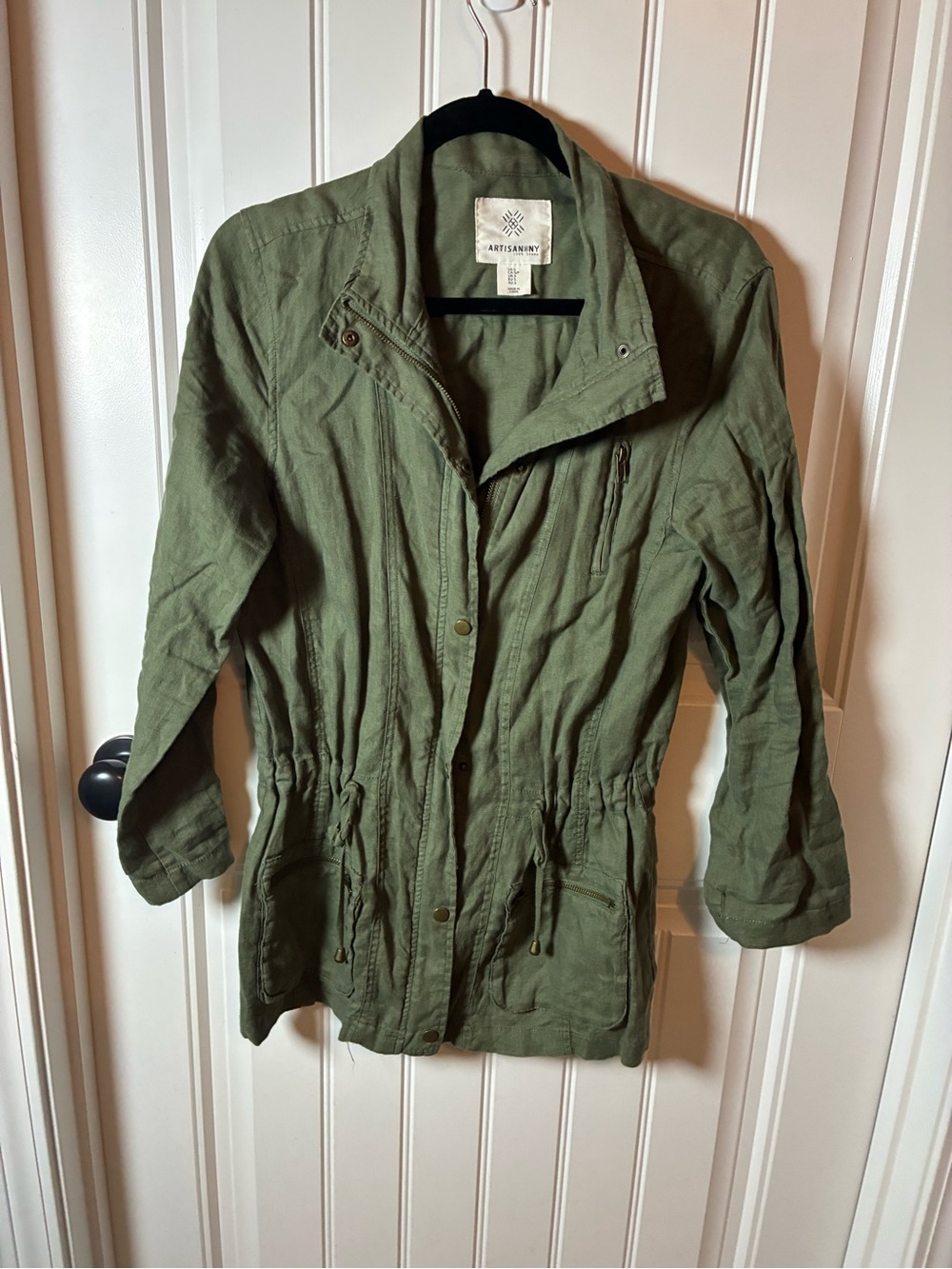 Artisan NY Olive Utility Drawstring Jacket 100% Linen Size Small